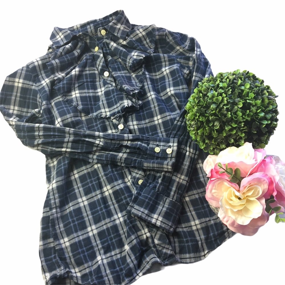 Banana Republic Blue Plaid Flannel Ruffle Shirt - Picture 2 of 16